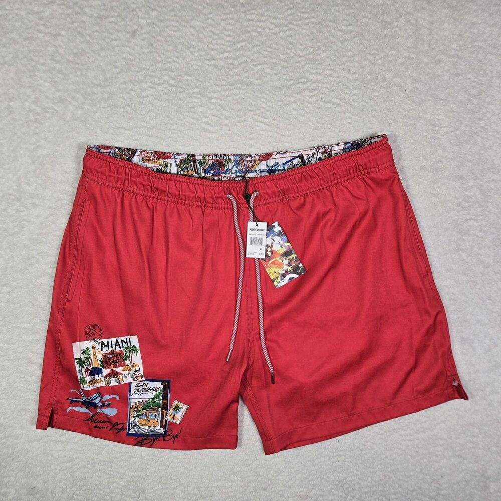 Robert Graham Swim Trunks Mens XL 5" Inseam Lined Red Shorts Miami San Francisco